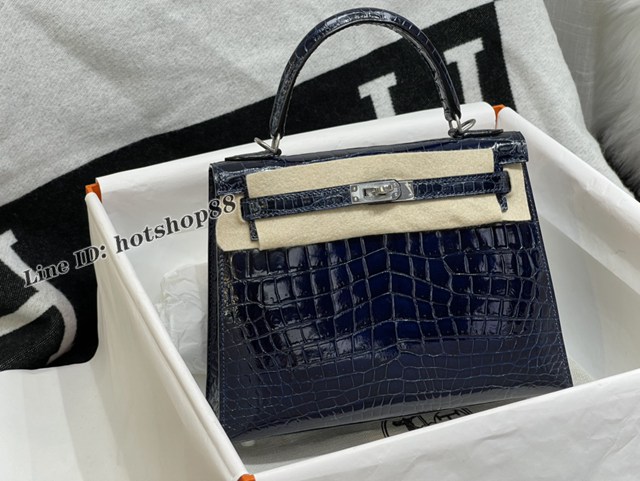 Hermes專櫃經典款Kelly手提女包 愛馬仕純手工凱莉25CM午夜藍高光尼羅鱷魚皮Kelly包 zhh1251